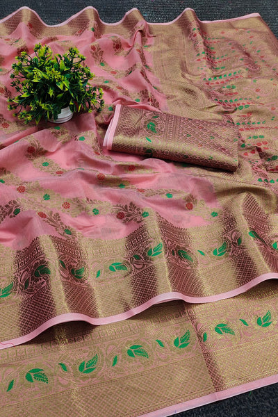 Preferable Pink Linen Silk With Stylish Blouse Piece