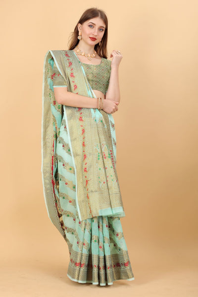 Mesmeric Sky Linen Silk With Stylish Blouse Piece