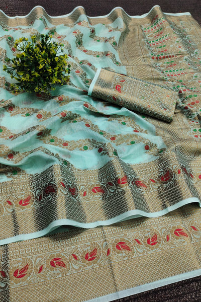 Mesmeric Sky Linen Silk With Stylish Blouse Piece