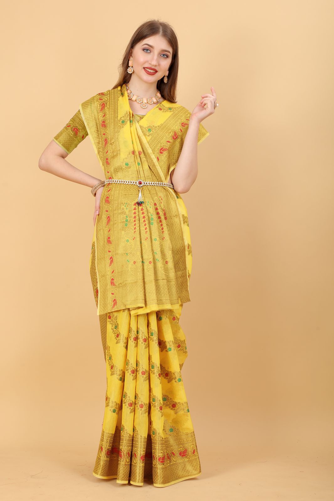 Pleasant Yellow Linen Silk With Stylish Blouse Piece