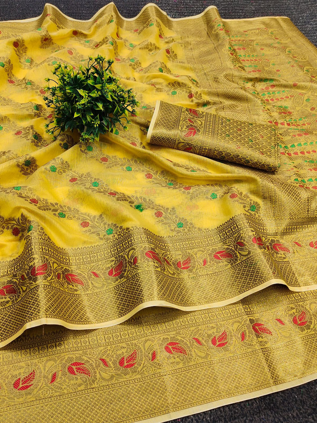 Pleasant Yellow Linen Silk With Stylish Blouse Piece