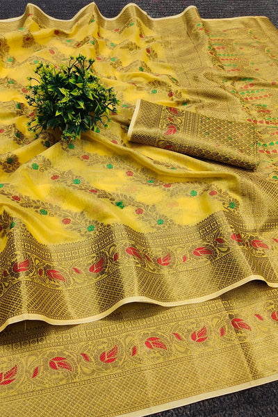 Pleasant Yellow Linen Silk With Stylish Blouse Piece