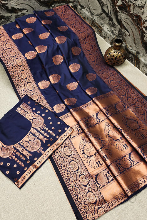 Load image into Gallery viewer, Alluring Navy Blue Banarasi Silk Saree With Smashing Blouse Piece
