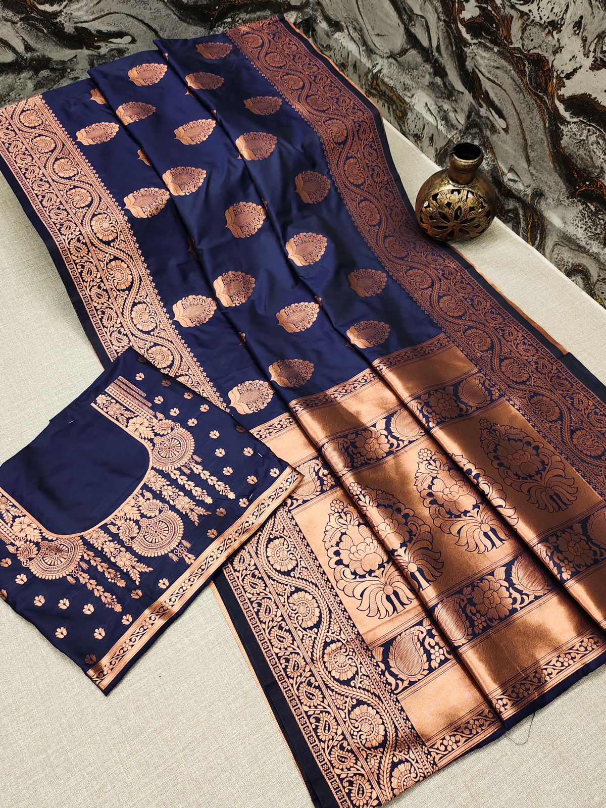 Alluring Navy Blue Banarasi Silk Saree With Smashing Blouse Piece