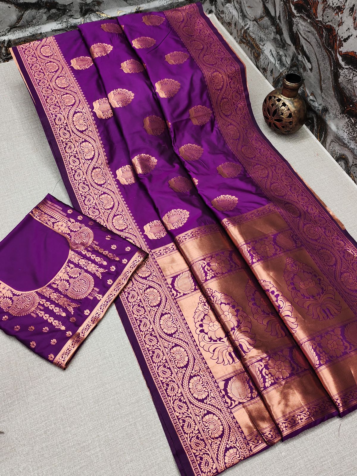 Sensational Purple Banarasi Silk Saree With Smashing Blouse Piece