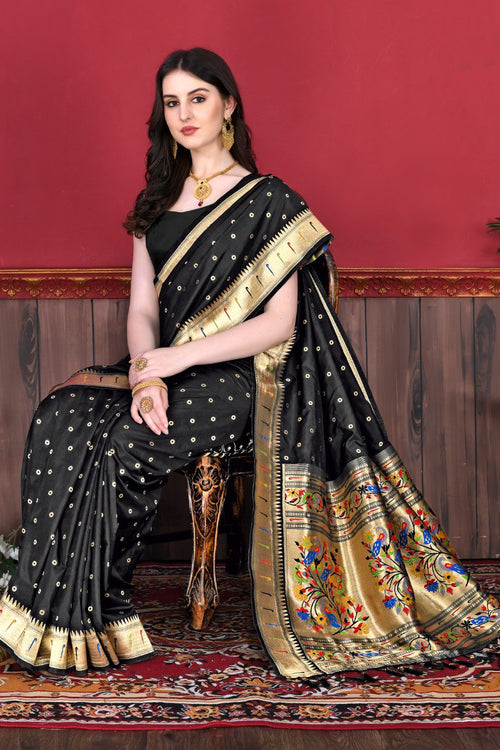 Buy Coal Black Color Pure Maharani Paithani Saree At IndyVogue