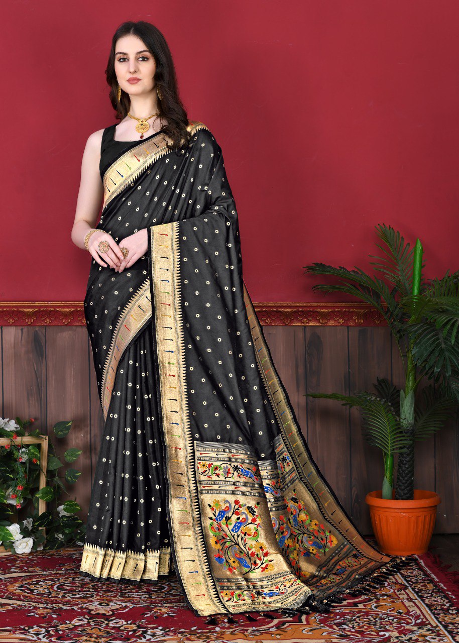 Capricious Black Paithani Silk Saree With Ethnic Blouse Piece