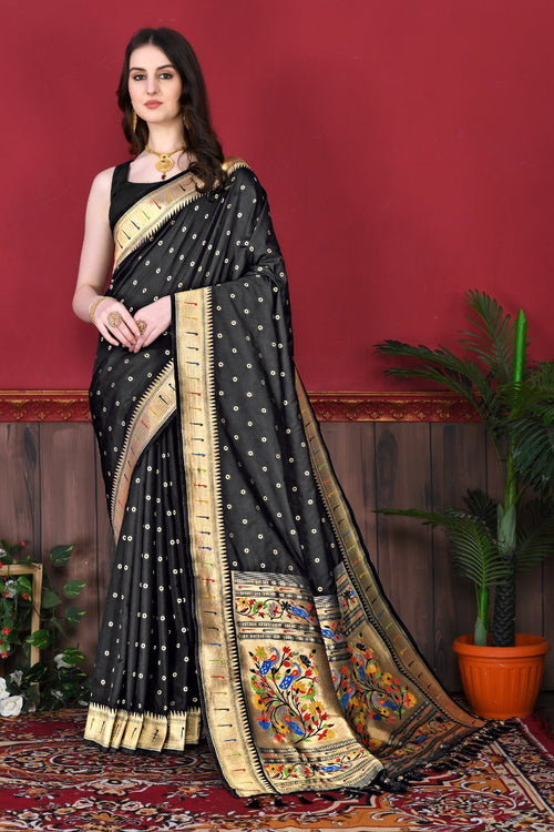 Load image into Gallery viewer, Capricious Black Paithani Silk Saree With Ethnic Blouse Piece
