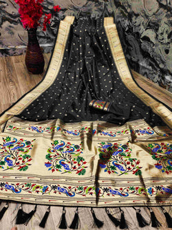 Capricious Black Paithani Silk Saree With Ethnic Blouse Piece