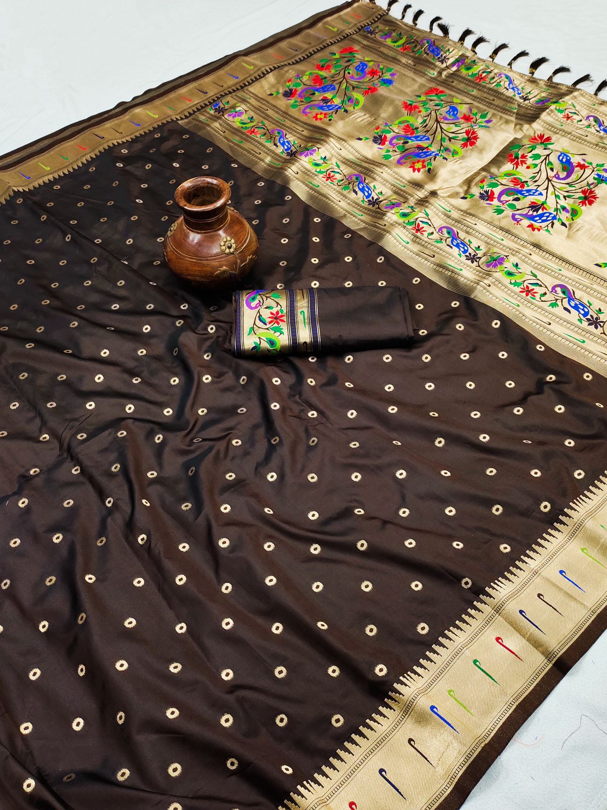 Phenomenal Brown Paithani Silk Saree With Ethnic Blouse Piece