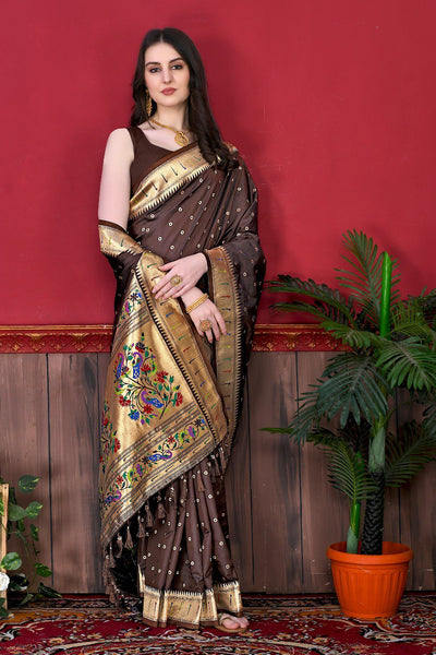 Phenomenal Brown Paithani Silk Saree With Ethnic Blouse Piece