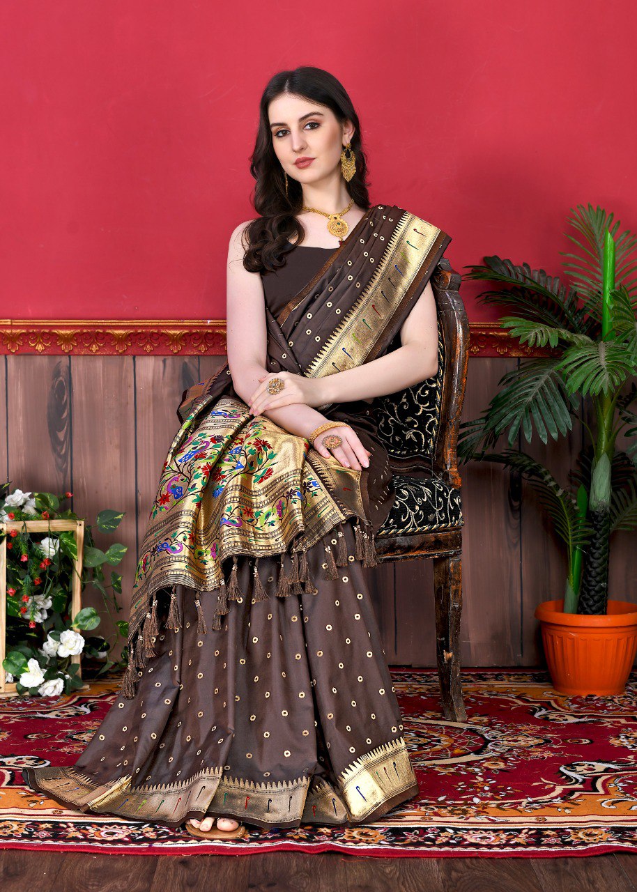 Phenomenal Brown Paithani Silk Saree With Ethnic Blouse Piece