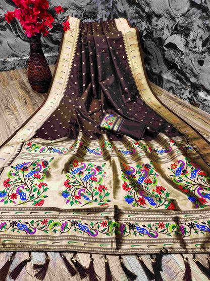 Phenomenal Brown Paithani Silk Saree With Ethnic Blouse Piece