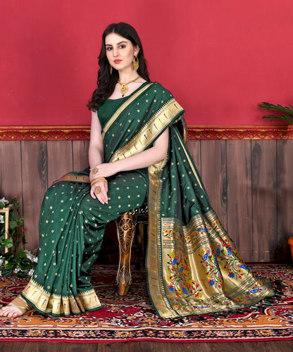 Outstanding Dark Green Paithani Silk Saree With Ethnic Blouse Piece