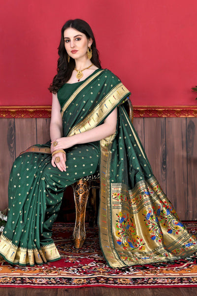 Outstanding Dark Green Paithani Silk Saree With Ethnic Blouse Piece