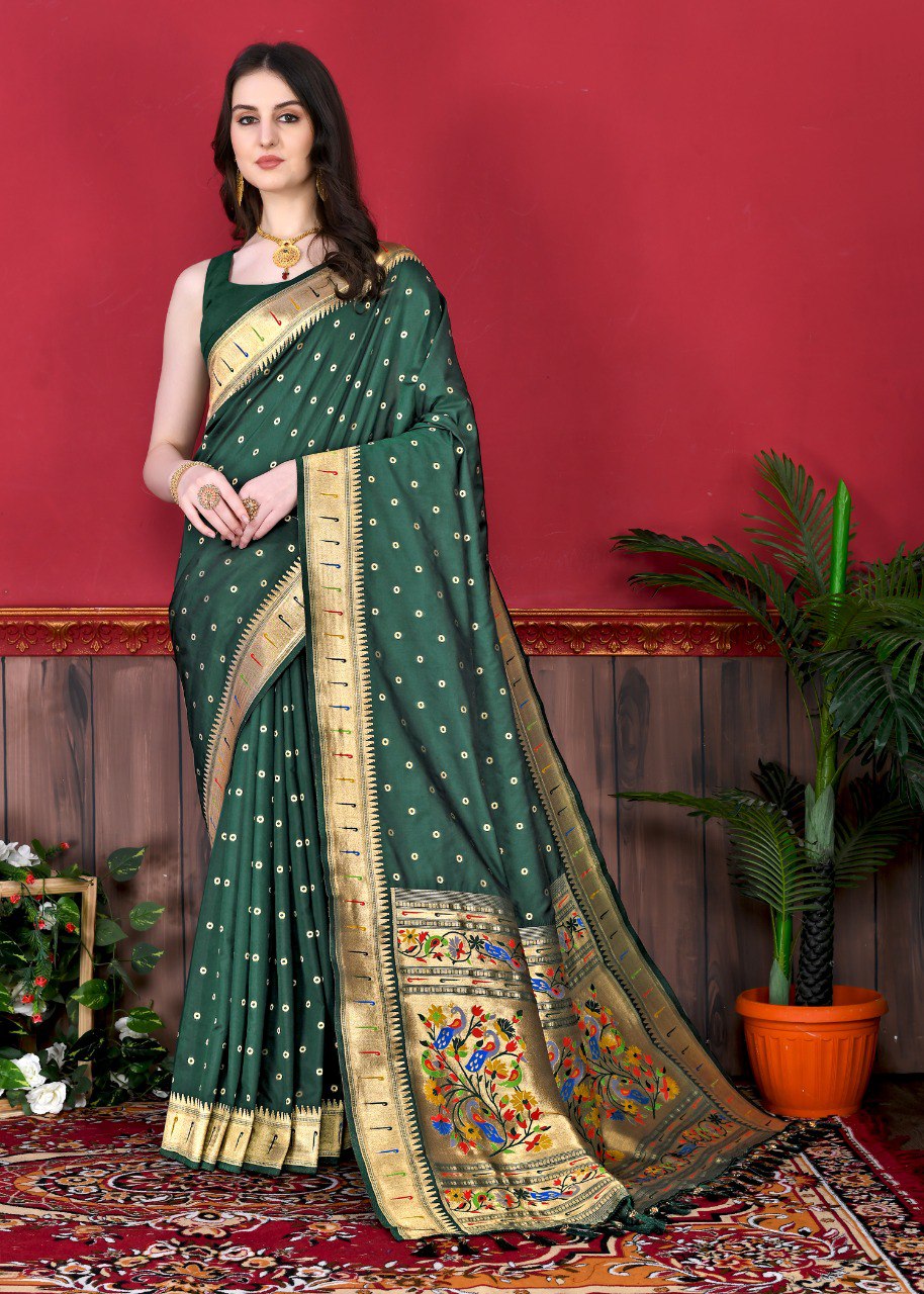 Outstanding Dark Green Paithani Silk Saree With Ethnic Blouse Piece