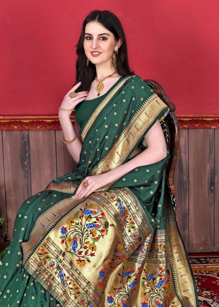 Outstanding Dark Green Paithani Silk Saree With Ethnic Blouse Piece