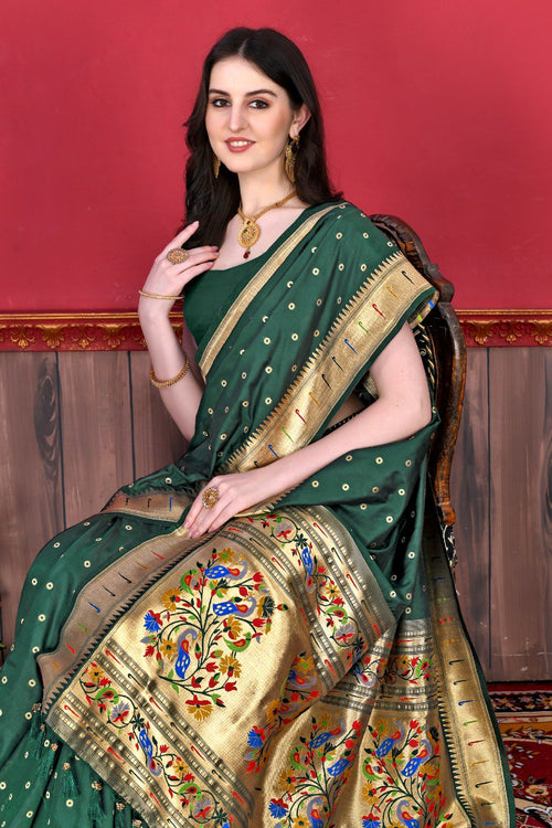 Load image into Gallery viewer, Outstanding Dark Green Paithani Silk Saree With Ethnic Blouse Piece

