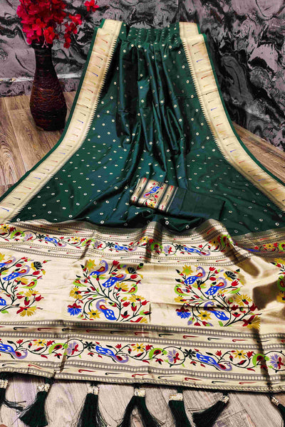 Outstanding Dark Green Paithani Silk Saree With Ethnic Blouse Piece
