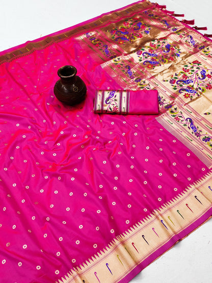 Invaluable Dark Pink Paithani Silk Saree With Ethnic Blouse Piece