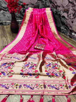 Invaluable Dark Pink Paithani Silk Saree With Ethnic Blouse Piece