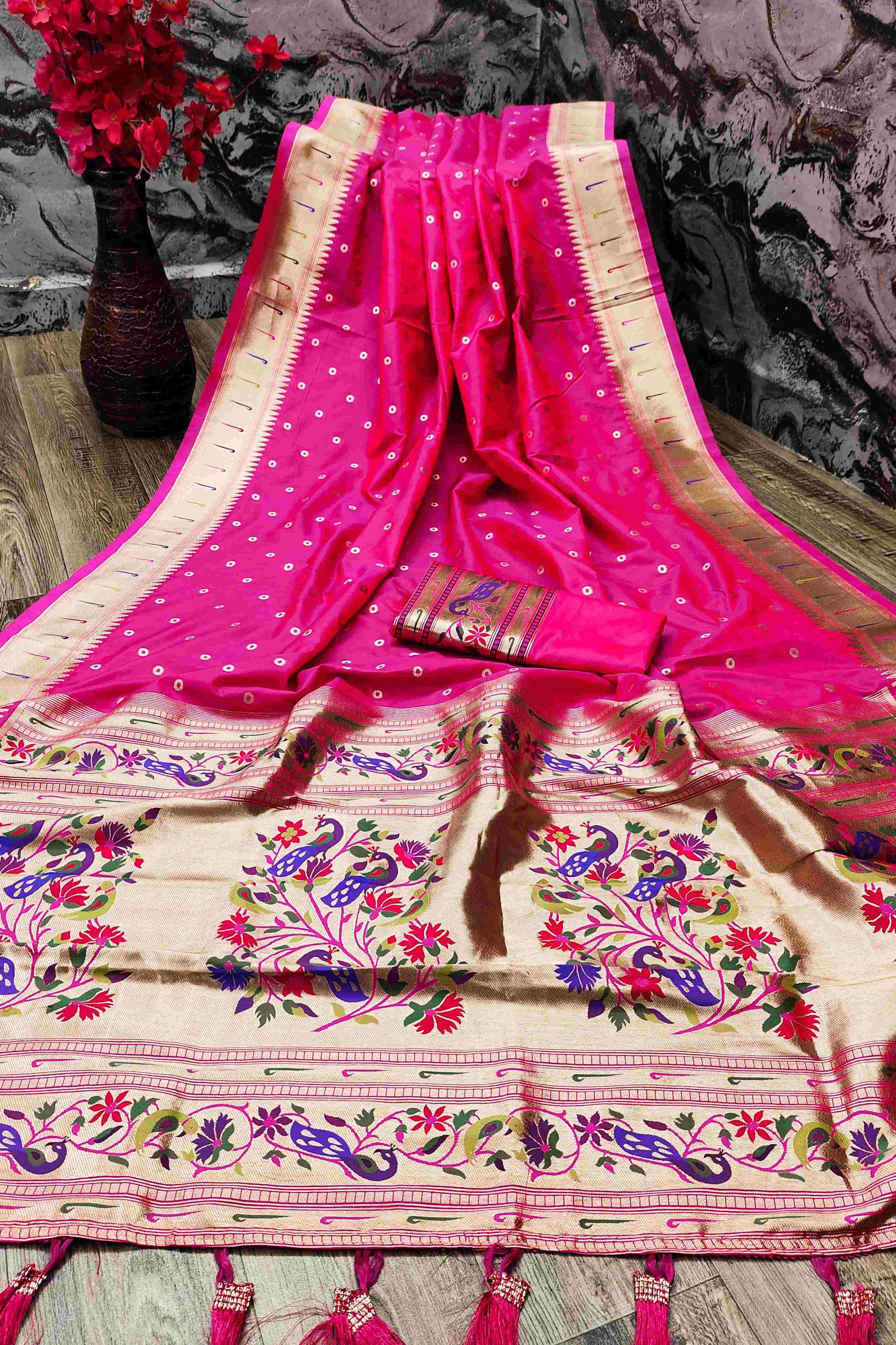 Invaluable Dark Pink Paithani Silk Saree With Ethnic Blouse Piece