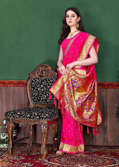 Invaluable Dark Pink Paithani Silk Saree With Ethnic Blouse Piece