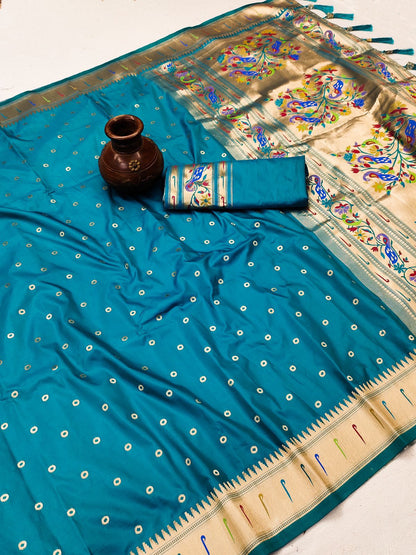 Staring Firozi Paithani Silk Saree With Ethnic Blouse Piece