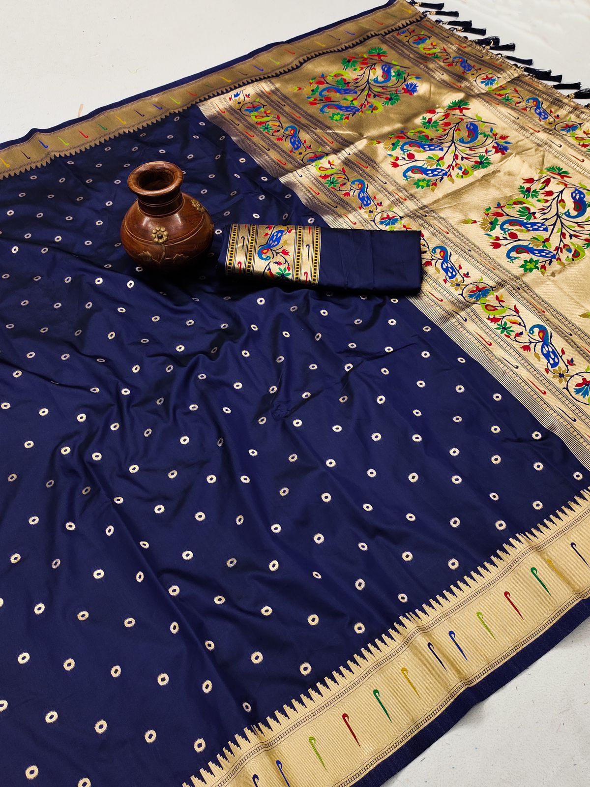 Deserving Navy Blue Paithani Silk Saree With Ethnic Blouse Piece