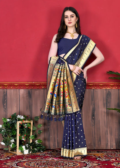 Deserving Navy Blue Paithani Silk Saree With Ethnic Blouse Piece