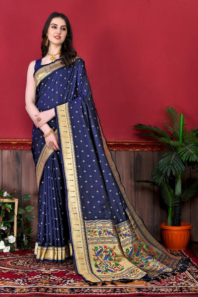 Deserving Navy Blue Paithani Silk Saree With Ethnic Blouse Piece