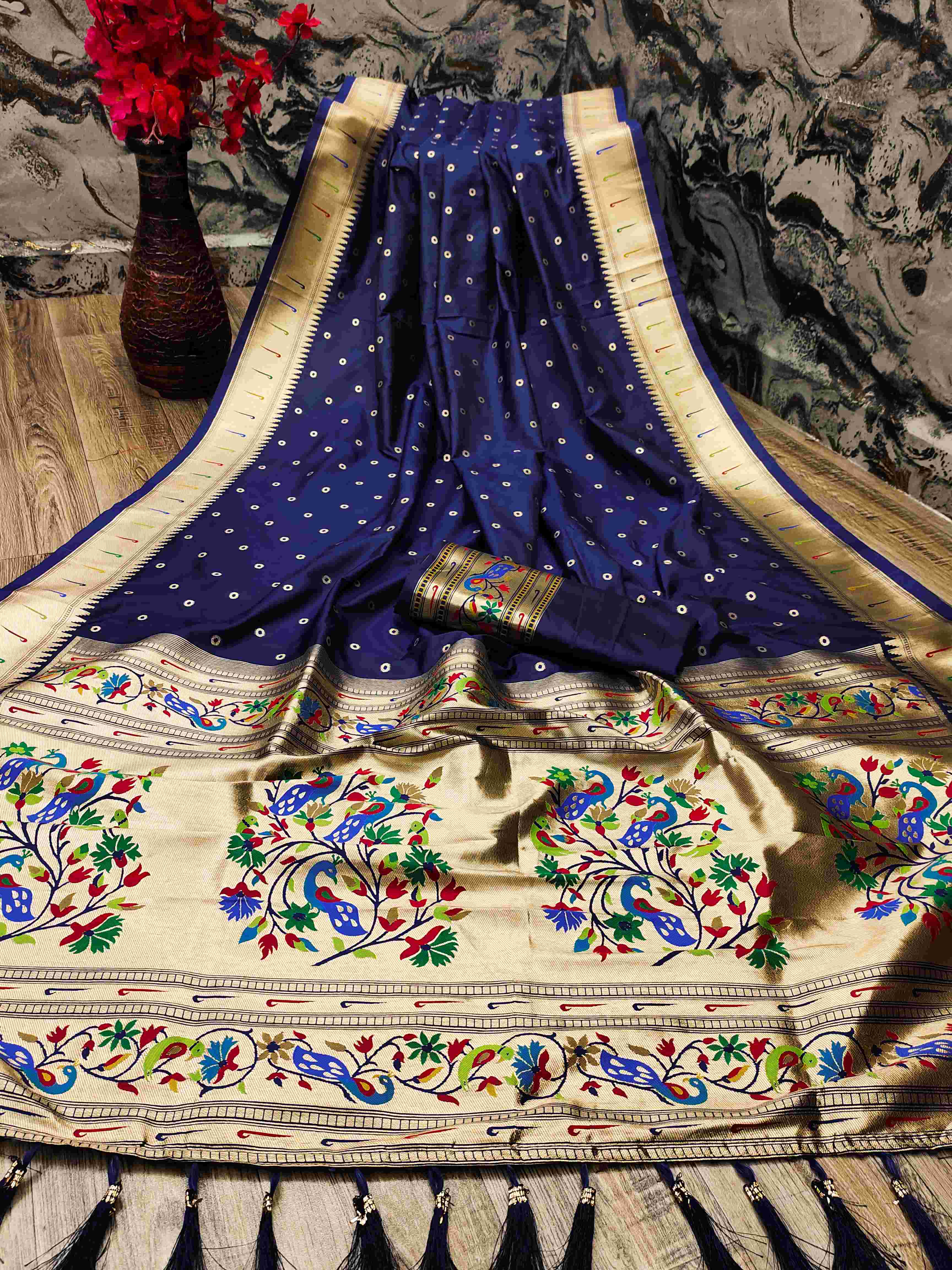 Deserving Navy Blue Paithani Silk Saree With Ethnic Blouse Piece