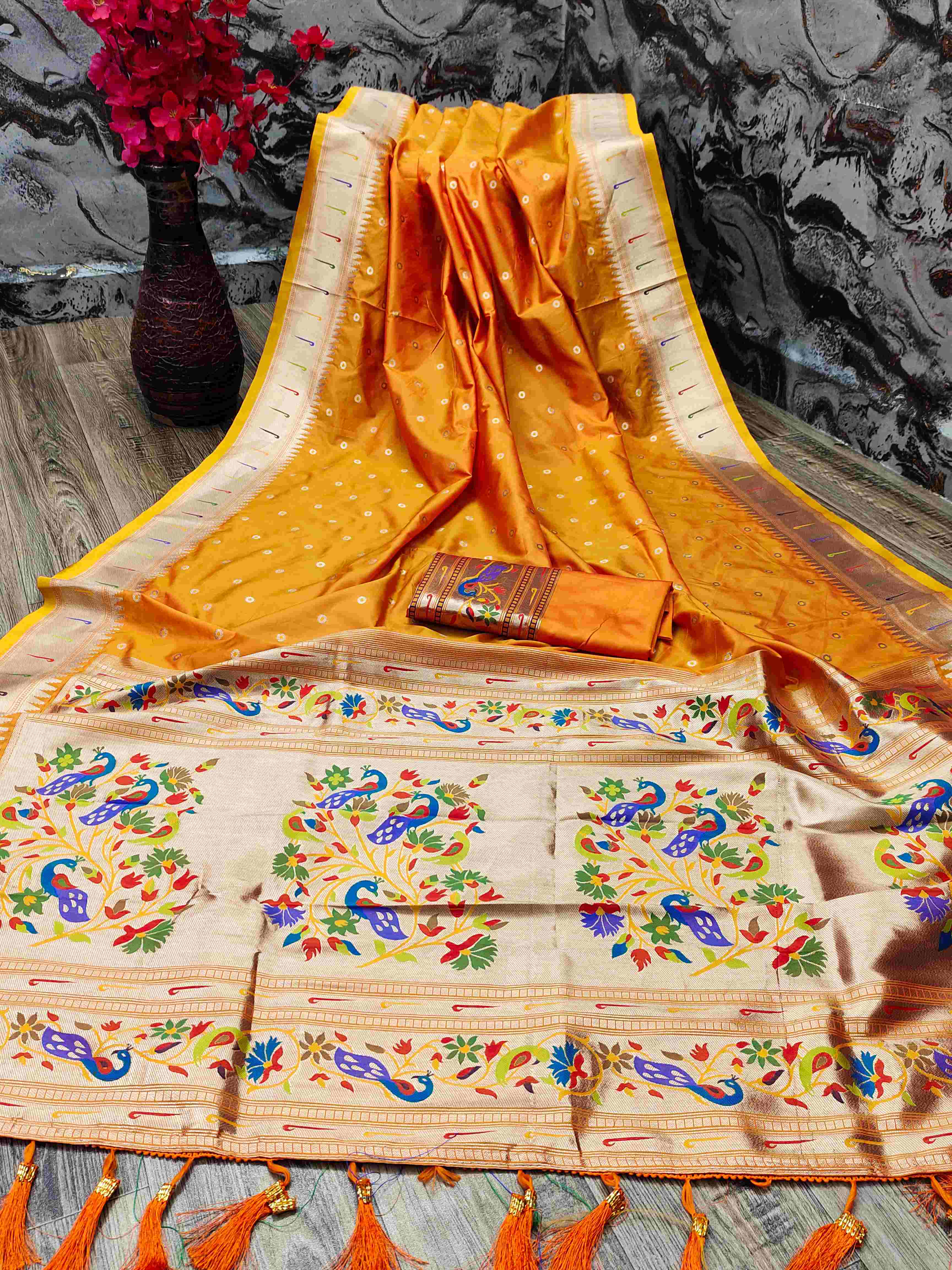 Charming Orange Paithani Silk Saree With Ethnic Blouse Piece