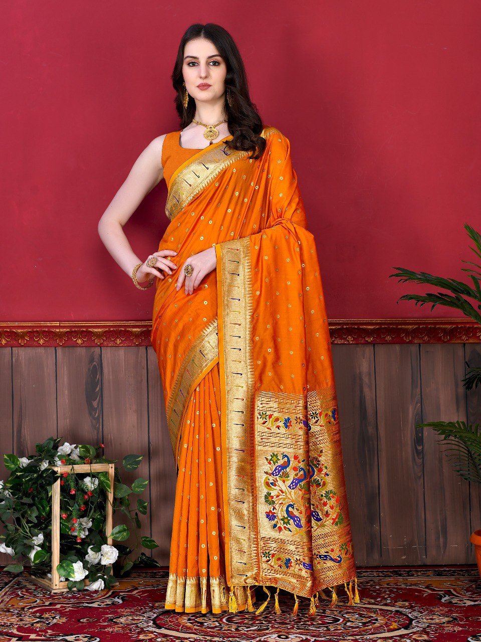 Charming Orange Paithani Silk Saree With Ethnic Blouse Piece