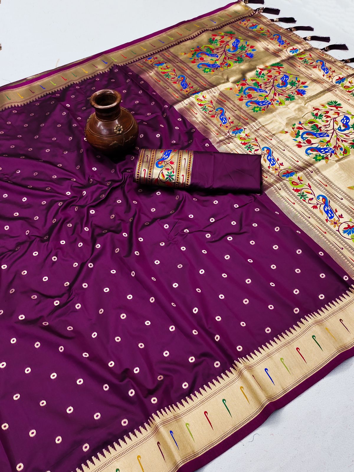 Glowing Purple Paithani Silk Saree With Ethnic Blouse Piece