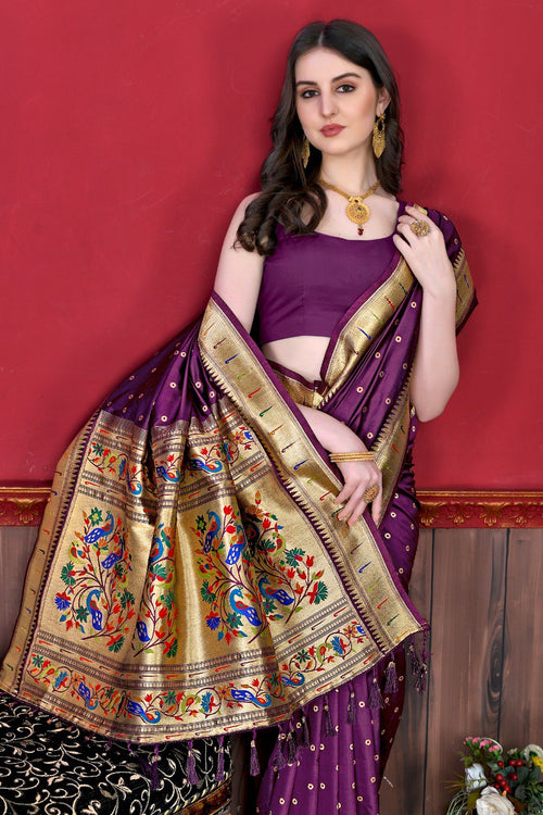 Load image into Gallery viewer, Glowing Purple Paithani Silk Saree With Ethnic Blouse Piece
