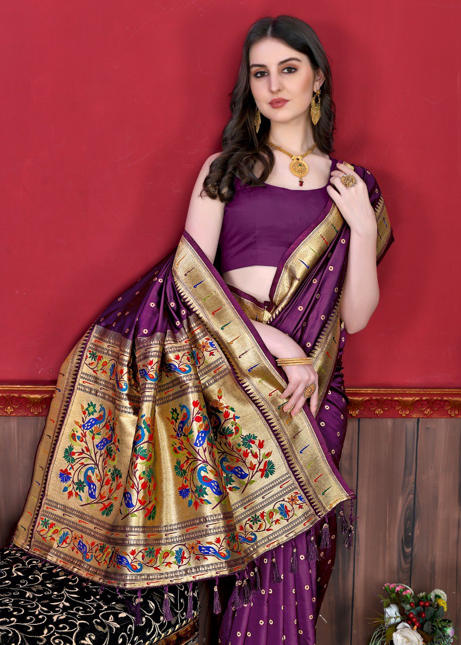 Glowing Purple Paithani Silk Saree With Ethnic Blouse Piece