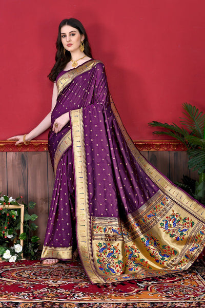 Glowing Purple Paithani Silk Saree With Ethnic Blouse Piece