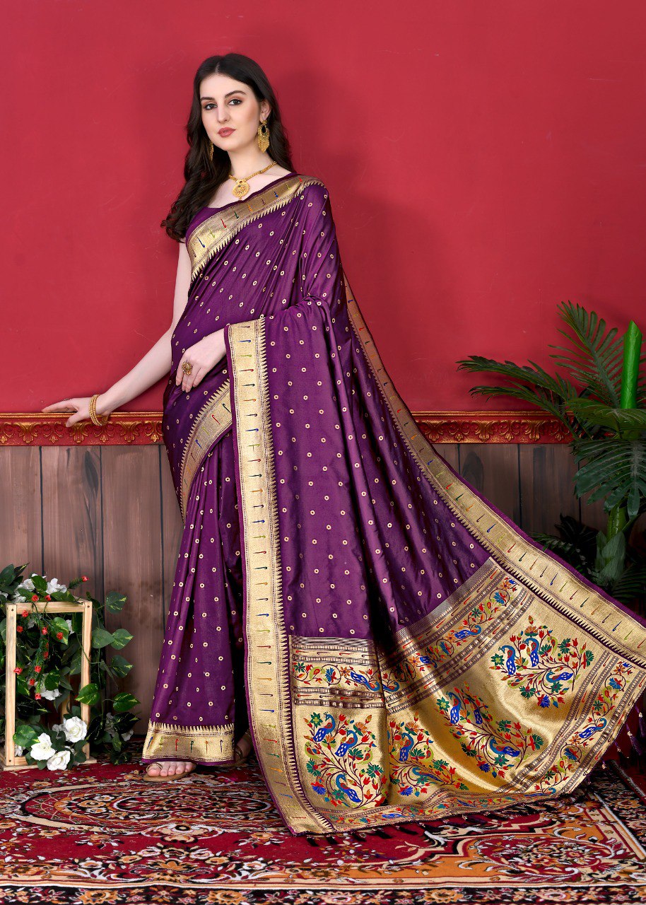Glowing Purple Paithani Silk Saree With Ethnic Blouse Piece