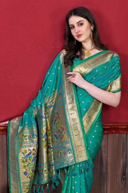 Load image into Gallery viewer, Eye-catching Rama Paithani Silk Saree With Ethnic Blouse Piece
