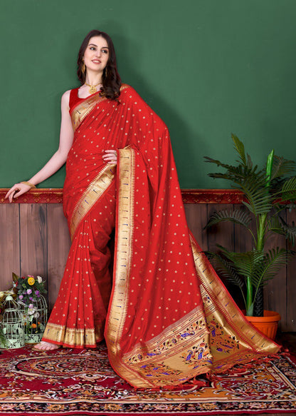 Beautiful Red Paithani Silk Saree With Ethnic Blouse Piece