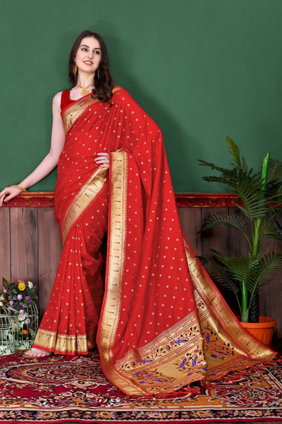 Beautiful Red Paithani Silk Saree With Ethnic Blouse Piece