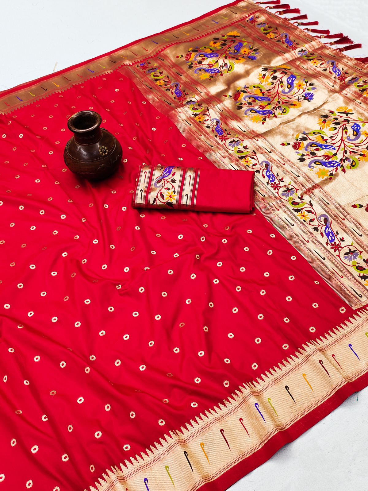 Beautiful Red Paithani Silk Saree With Ethnic Blouse Piece