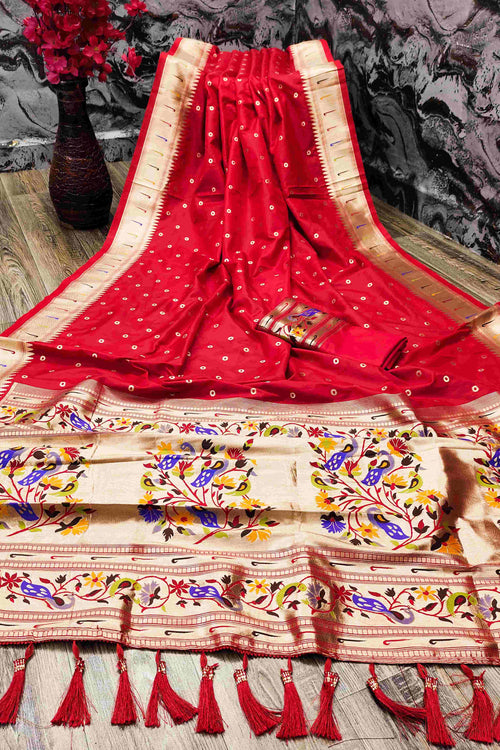 Load image into Gallery viewer, Beautiful Red Paithani Silk Saree With Ethnic Blouse Piece
