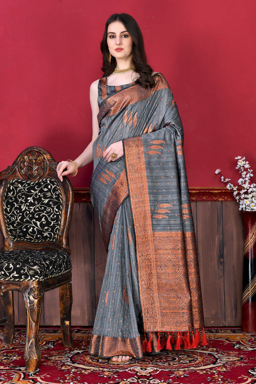 Load image into Gallery viewer, Engrossing Grey Soft Banarasi Silk Saree With Incomparable Blouse Piece
