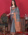 Engrossing Grey Soft Banarasi Silk Saree With Incomparable Blouse Piece