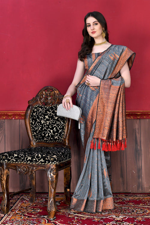 Load image into Gallery viewer, Engrossing Grey Soft Banarasi Silk Saree With Incomparable Blouse Piece
