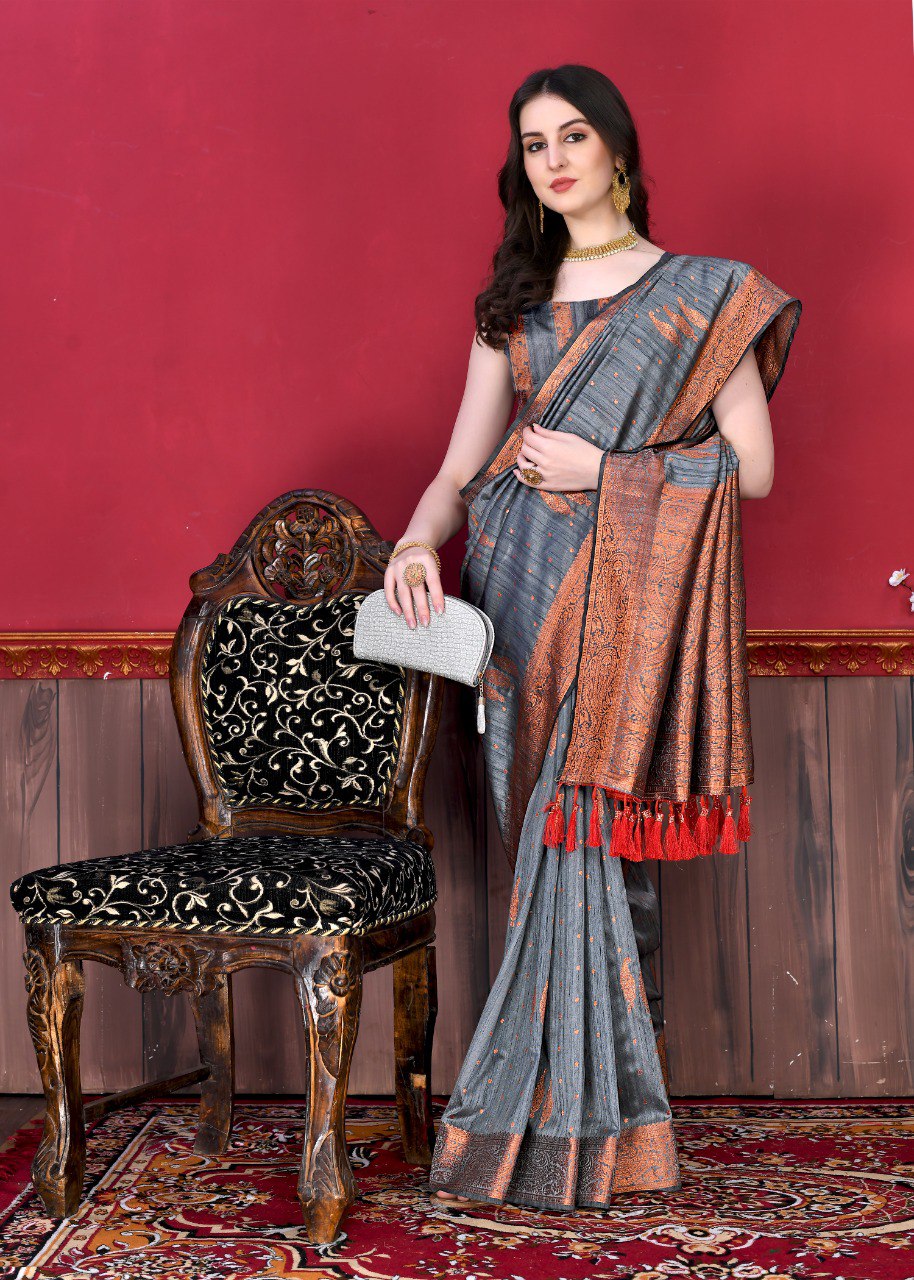 Engrossing Grey Soft Banarasi Silk Saree With Incomparable Blouse Piece