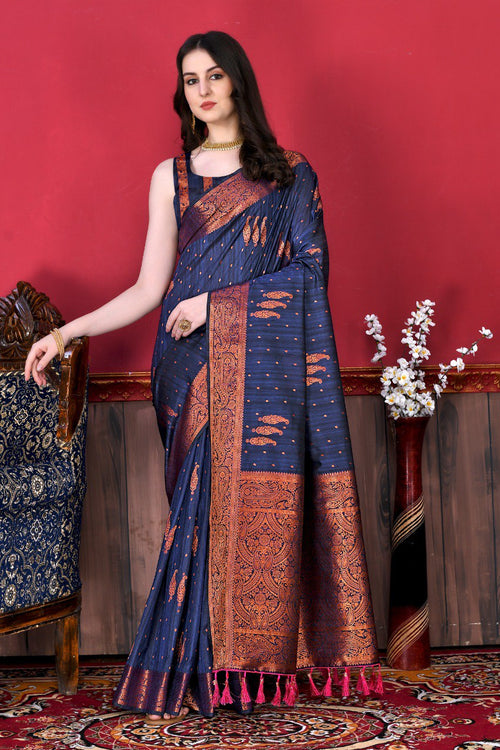 Load image into Gallery viewer, Breathtaking Navy Blue Soft Banarasi Silk Saree With Incomparable Blouse Piece
