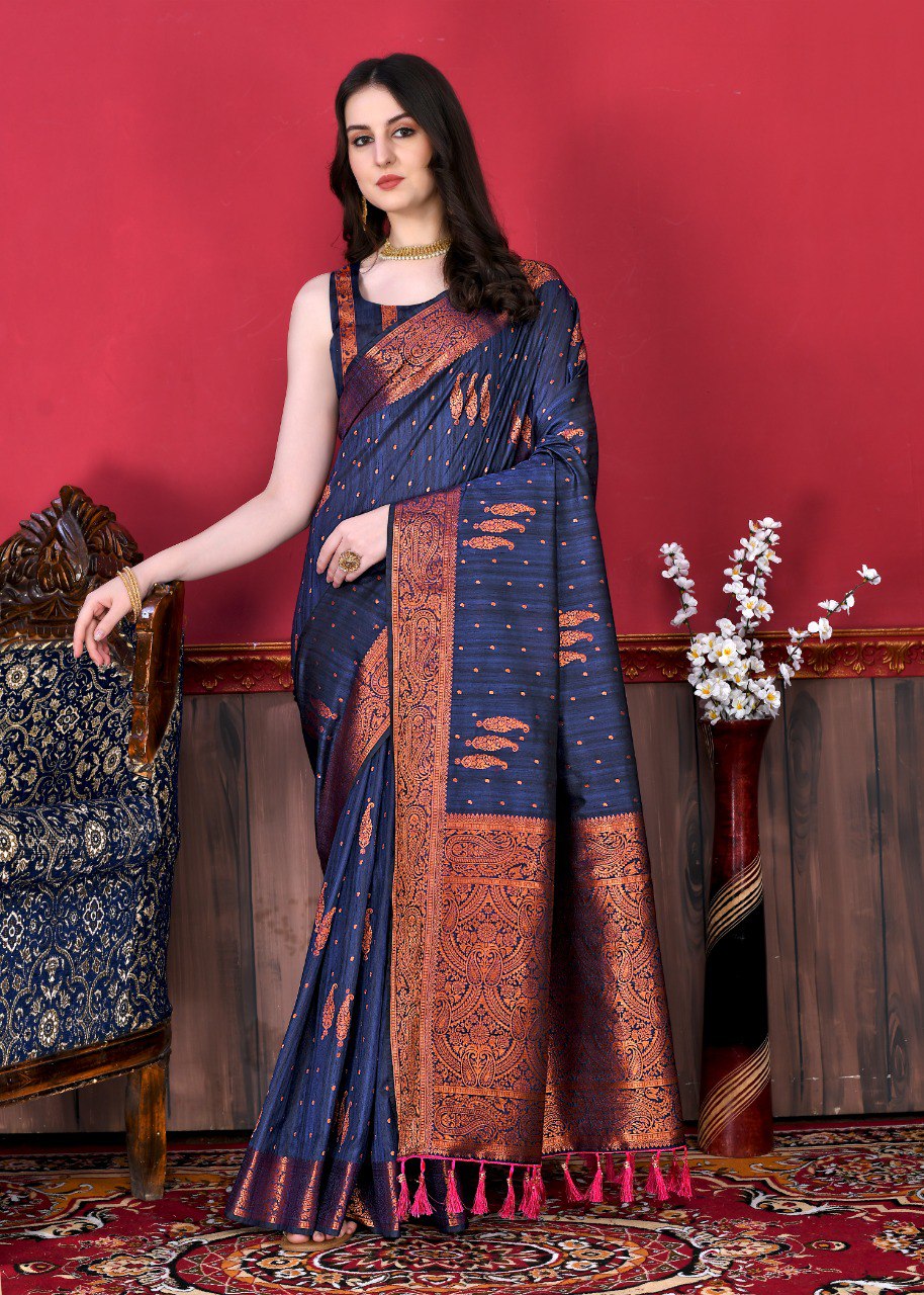 Buy Attractive Fancy Soft Lichi Silk Saree In Navy Blue at Rs. 1899 online  from Fashion Bazar designer sarees : FFSVAFSLSNB